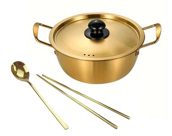Stainless Steel Korean Style Ramen Pot With Lid Fast Rapid Cooker with a Spoon and Chopsticks Set