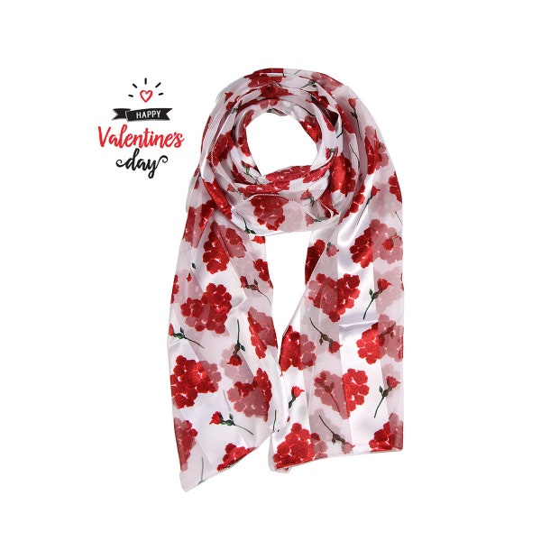 Happy Valentines Day Scarf Rose Heart Mother's Day Silk Feel Satin Stripe Scarf Gift for Women Her Mom | Made in KOREA