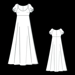 May include: A line drawing of two dresses with short sleeves and a scoop neckline. The dresses are long and flowy, with a fitted bodice and a full skirt.