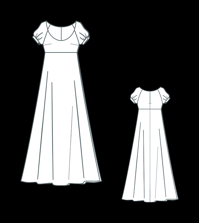 May include: A line drawing of two dresses with short sleeves and a scoop neckline. The dresses are long and flowy, with a fitted bodice and a full skirt.