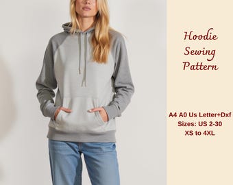 Naaipatroon hoodie, hoodie met raglanmouwen, dameshoodiepatroon, patroon sweatshirt met capuchon, eenvoudig sweaterpatroon, XS-4XL