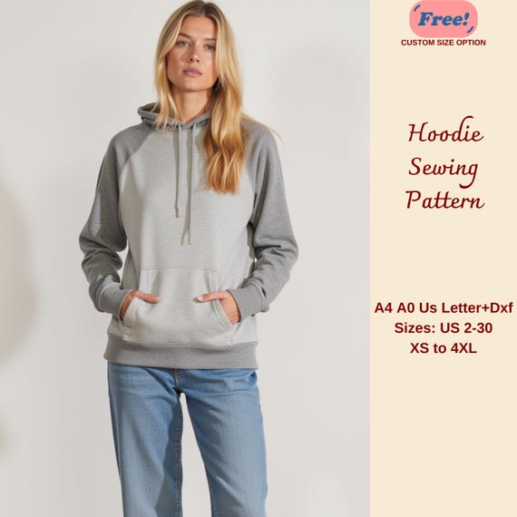 Hoodie Sewing Pattern, Raglan Sleeve Hoodie, Women's Hoodie Pattern, Hooded Sweatshirt Pattern, Simple Sweatshirt Pattern, XS-4XL