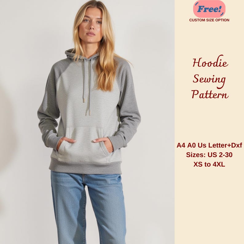 Hoodie Sewing Pattern, Raglan Sleeve Hoodie, Women's Hoodie Pattern, Hooded Sweatshirt Pattern, Simple Sweatshirt Pattern, XS-4XL