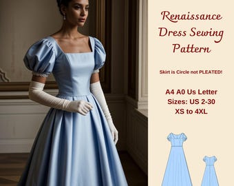 Renaissance Cosplay Dress Sewing Pattern: Square Neck Ball Gown (Digital Download, XS-4XL)