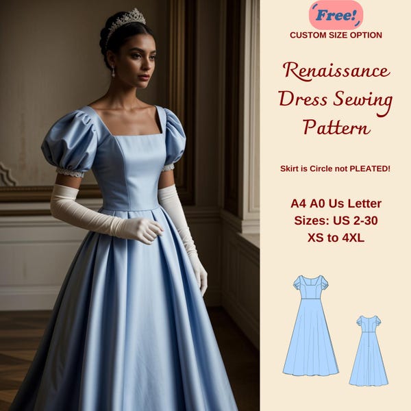 Renaissance Cosplay Dress Sewing Pattern: Square Neck Ball Gown (Digital Download, XS-4XL)