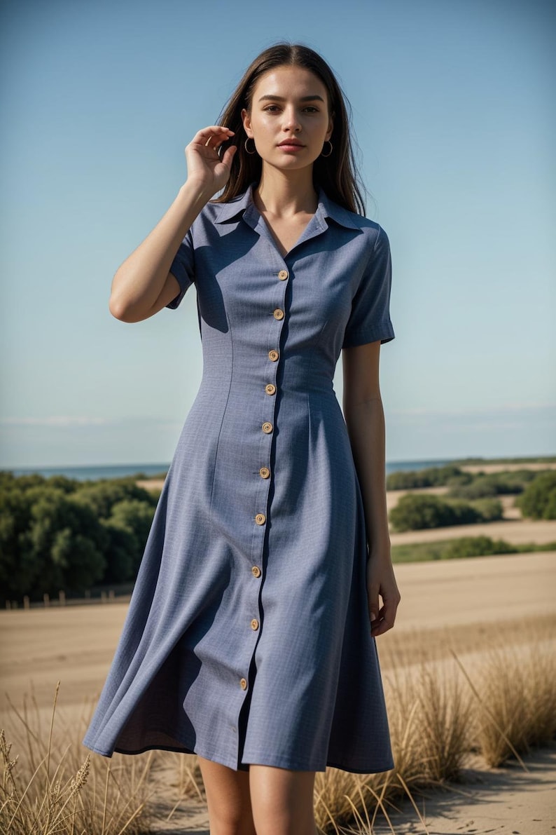 May include: A blue button-down dress with short sleeves and a fitted waist. The dress has a slightly flared skirt and is made of a lightweight fabric.