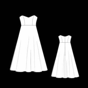 May include: Line drawing of two white dresses. The larger dress has a fitted bodice and a flared skirt. The smaller dress has a similar design. Both dresses have a V-neckline and a defined waist.