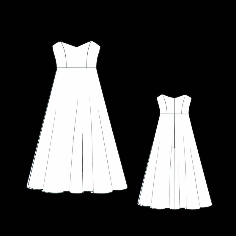 May include: Line drawing of two white dresses. The larger dress has a fitted bodice and a flared skirt. The smaller dress has a similar design. Both dresses have a V-neckline and a defined waist.