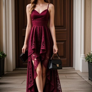 May include: A woman wearing a burgundy lace dress with a high-low hemline and a black handbag.