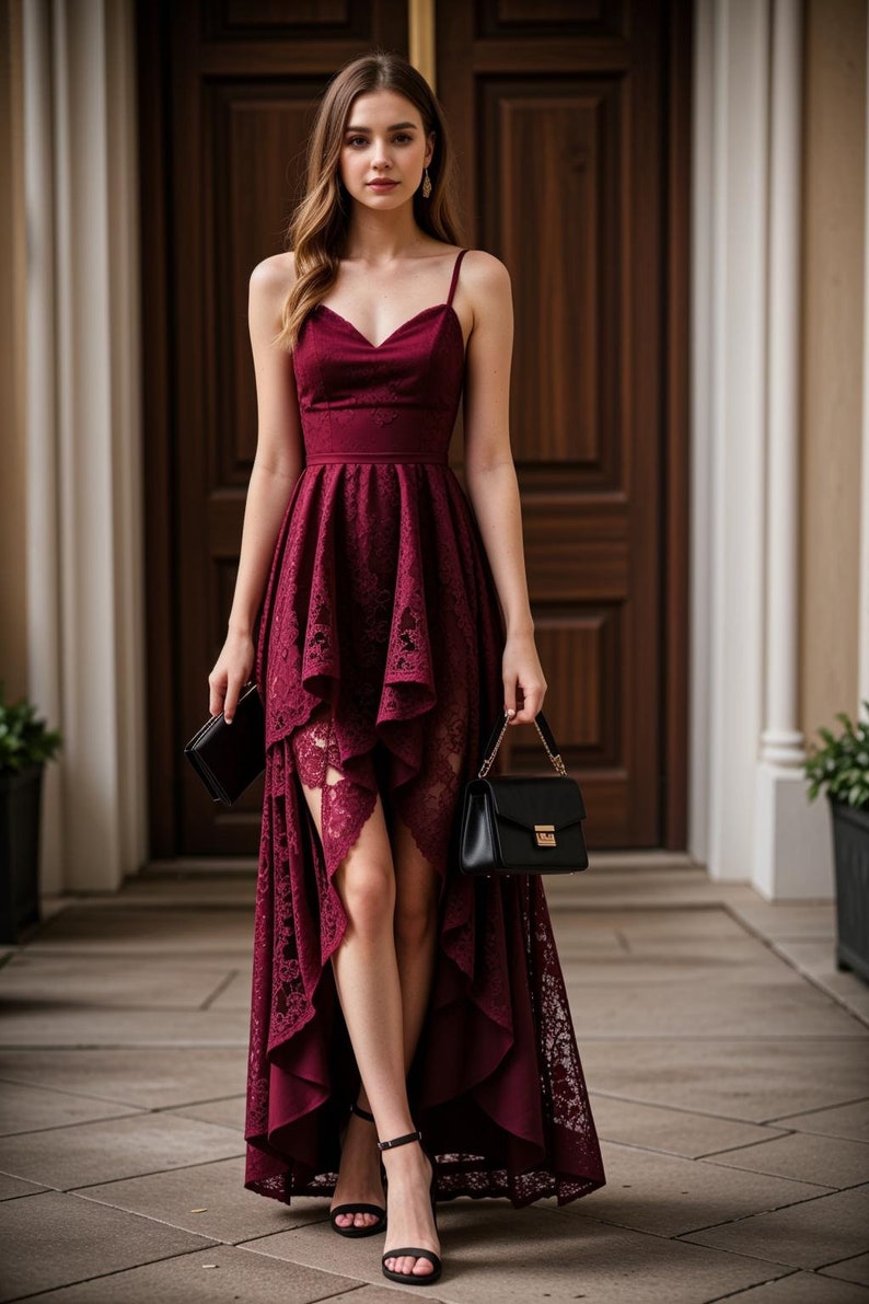 May include: A woman wearing a burgundy lace dress with a high-low hemline and a black handbag.
