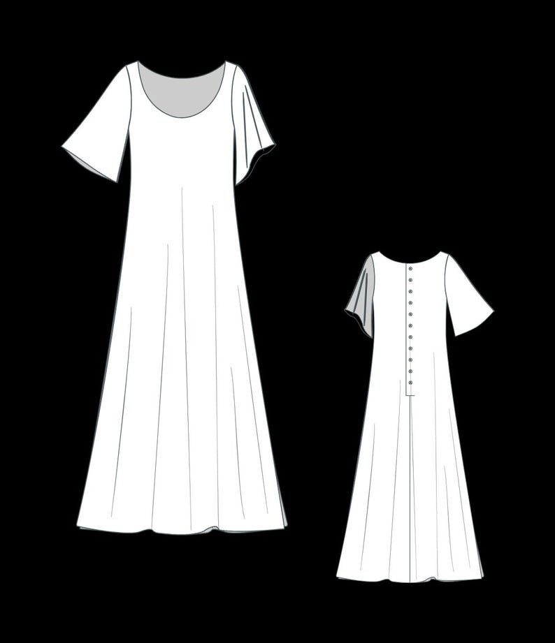 May include: A white maxi dress with short sleeves and a round neckline. The dress has a button closure down the back.