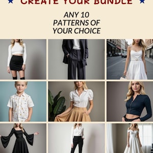 Puede incluir: Un collage de nueve imágenes que muestran diferentes patrones de ropa. Las imágenes presentan una variedad de estilos, incluyendo un top blanco corto con una falda negra, una camisa blanca abotonada con una falda beige y un vestido negro con escote cuadrado. El texto "CREATE YOUR BUNDLE" y "ANY 10 PATTERNS OF YOUR CHOICE" se muestra en la parte superior del collage.
