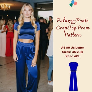 Puede incluir: Un patrón de costura para pantalones palazzo y top corto azul, tallas españolas 34 a 54 (XS a 4XL). El patrón incluye instrucciones para hacer un conjunto a juego de pantalones anchos y una blusa de manga corta. El patrón está disponible en tamaños A4, A0 y carta US.