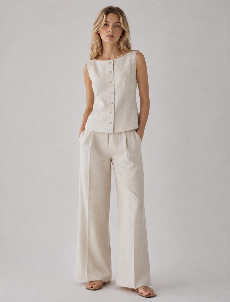 May include: A sleeveless beige top with a vertical row of buttons down the front, paired with matching wide-leg trousers featuring a pleated waist and a straight-leg silhouette. The set is crafted from a textured, light-colored fabric.