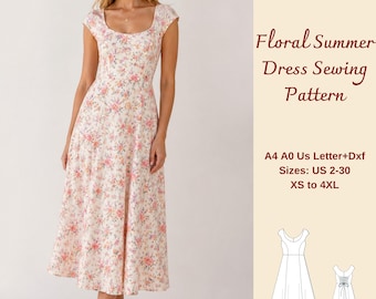 Cottagecore Floral Midi Dress Sewing Pattern, Lace-Up Corset Summer Style (PDF Download)