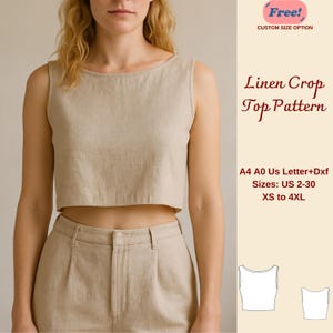 Puede incluir: Un patrón de costura digital para un top corto de lino. El patrón incluye las tallas ES 34-52 (XS a 4XL) y está disponible en los formatos A4, A0 y Carta US. El patrón también está disponible en formato Dxf.