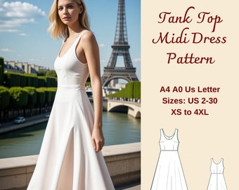 Tank Top Midi Dress Sewing Pattern,  Prom Dress Pattern, Sundress Pattern, Bridesmaid Dress Pattern, Milkmaid Dress, Circle Dress,  A4 A0 US