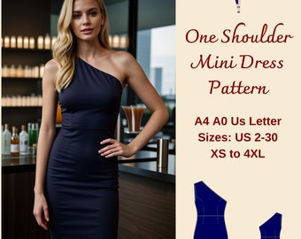 One Shoulder Mini Dress Sewing Pattern: Bodycon Style (XS-4XL) (PDF Pattern)