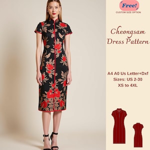 Könnte beinhalten: Ein schwarzes Cheongsam-Kleidmuster mit roten und goldenen Blumenstickereien. Das Muster umfasst die Größen US 2-30 und XS bis 4XL. Der Text "Free! Custom Size Option" befindet sich in einem roten Kreis oben im Bild. Der Text "Cheongsam Dress Pattern" ist in rot. Der Text "A4 A0 Us Letter+Dxf" ist in schwarz. Der Text "Sizes: US 2-30 XS to 4XL" ist in schwarz.