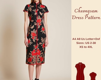 May include: A black cheongsam dress pattern with red and gold floral embroidery. The pattern includes sizes US 2-30 and XS to 4XL. The text "Free! Custom Size Option" is in a red circle at the top of the image. The text "Cheongsam Dress Pattern" is in red text. The text "A4 A0 Us Letter+Dxf" is in black text. The text "Sizes: US 2-30 XS to 4XL" is in black text.