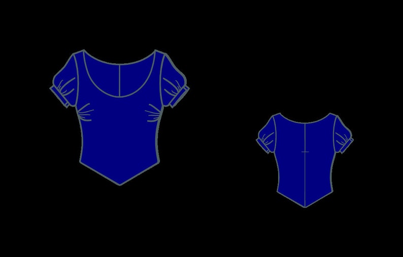 May include: A blue sleeveless top with a scoop neck and puffed sleeves. The top has a pointed hemline.