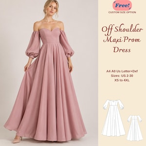 Könnte beinhalten: Ein altrosa Maxikleid für den Abschlussball mit schulterfreiem Ausschnitt und langen, bauschigen Ärmeln. Der Text lautet: Free! Custom size option, Off Shoulder Maxi Prom Dress, A4 A0 Us Letter+Dxf, Sizes: US 2-30, XS to 4XL. Enthält eine Skizze.