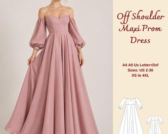 Patron de couture pour robe de bal maxi épaules dénudées, manches bouffantes, tailles XS à 4XL