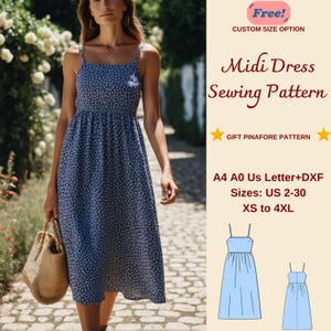 Patrón de costura para vestido de verano midi fruncido, patrón de vestido veraniego, vestido de lechera estilo cottagecore, vestido de lino, PDF, tamaño A4, A0, carta estadounidense, XS-4XL