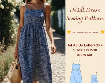 Gathered Midi Summer Dress Sewing Pattern, Sundress Pattern, Milkmaid Cottagecore Dress, Linen Dress, PDF, A4 A0 US Letter, XS-4XL