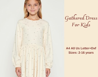 May include: A white gathered dress with a small black print for kids. The dress has long sleeves and a round neckline. The dress is available in sizes 2-16 years. Free! Custom size option. A4 A0 Us Letter+Dxf