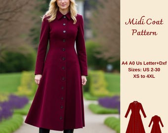 Midi Winter Coat Sewing Pattern, Women Coat Sewing Pattern, Midi Coat Women's Jacket Pattern, Simple Coat Pattern, Beginner Sewing, XS-4XL