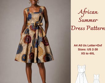 Square Neck African Summer Dress Sewing Pattern, Traditional Ankara Dress, XS-4XL