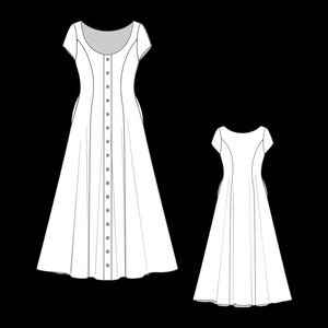 K&ouml;nnte beinhalten: Ein wei&szlig;es Kleid mit kurzen &Auml;rmeln, Rundhalsausschnitt und durchgehender Knopfleiste vorne. Das Design umfasst Wiener N&auml;hte und einen ausgestellten Rock, dargestellt in einer technischen Flachzeichnung von vorne und von hinten.