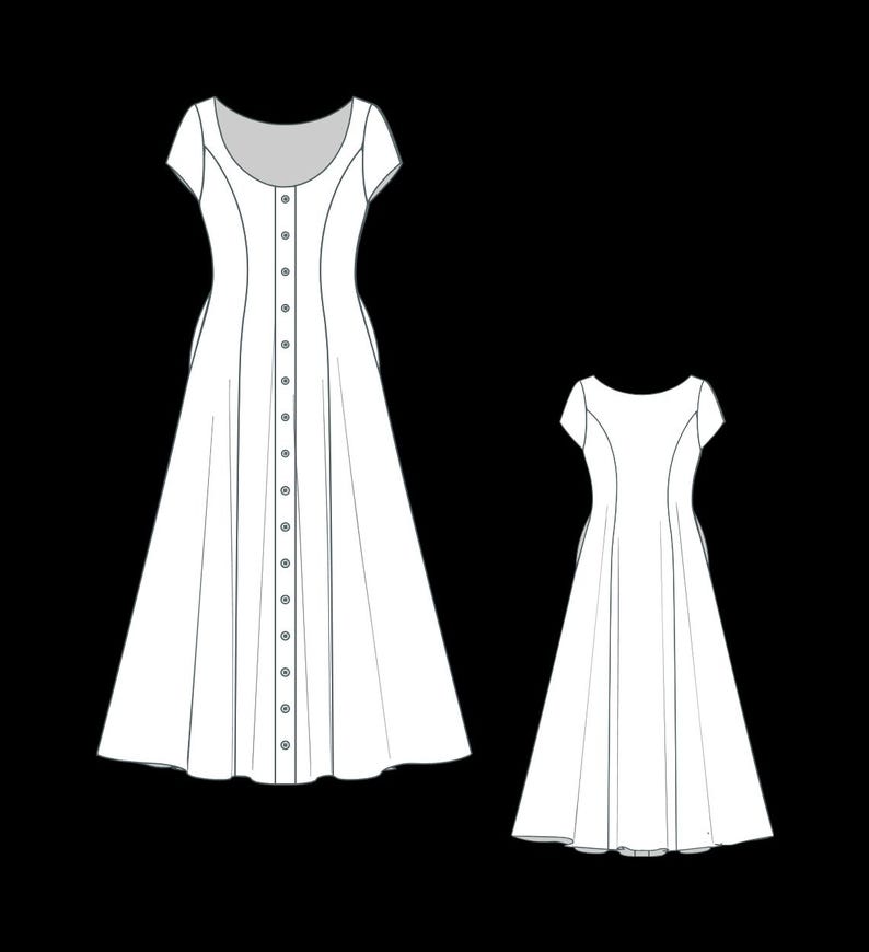 K&ouml;nnte beinhalten: Ein wei&szlig;es Kleid mit kurzen &Auml;rmeln, Rundhalsausschnitt und durchgehender Knopfleiste vorne. Das Design umfasst Wiener N&auml;hte und einen ausgestellten Rock, dargestellt in einer technischen Flachzeichnung von vorne und von hinten.
