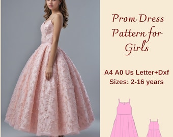 Prom Dress for Kids Sewing Pattern, Girl's Prom Dress Pattern, Toddler Circle Dress, Kids prom, Graduation Party Dress, A4 A0 US, 2-16 years