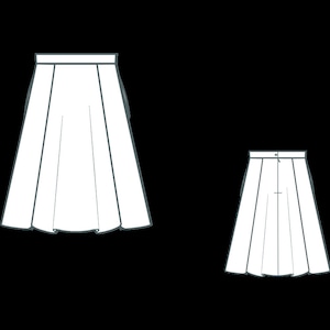 May include: Two white skirts with pleats. The skirt on the left is longer than the skirt on the right.