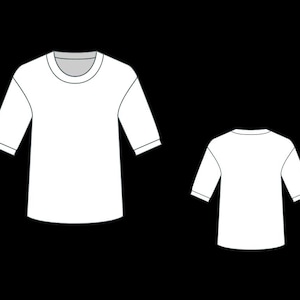 May include: White t-shirt with three-quarter sleeves, displayed from the front and back. The shirt has a crew neck and a simple, minimalist design. The sleeves end just below the elbow.