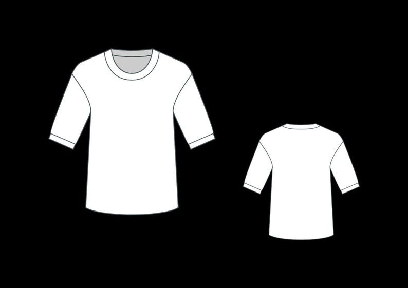 May include: White t-shirt with three-quarter sleeves, displayed from the front and back. The shirt has a crew neck and a simple, minimalist design. The sleeves end just below the elbow.