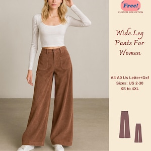 Puede incluir: Una mujer con pantalones de pana marrón de pierna ancha con dos bolsillos delanteros y una camiseta blanca de manga larga. Los pantalones se combinan con zapatillas blancas. El texto de la imagen dice "Wide Leg Pants For Women" y "Tallas: US 2-30 XS to 4XL."