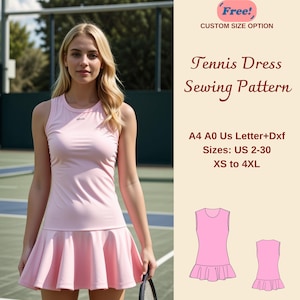 Op de afbeelding: Een roze tennisjurk naaipatroon met een gerimpelde zoom. Het patroon omvat maten US 2-30, XS tot 4XL. Het patroon is verkrijgbaar in A4, A0 en US Letter formaten. Het patroon is ook verkrijgbaar in Dxf-formaat. "Gratis!" Optie voor aangepaste maat.