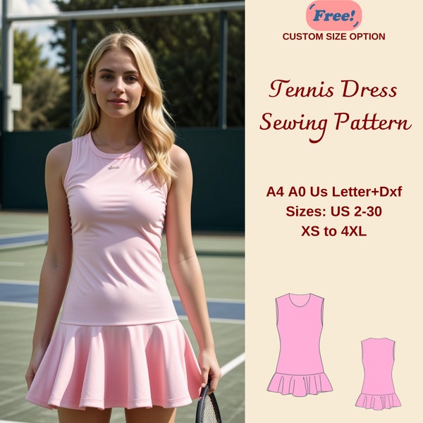 Schnittmuster für Tenniskleid, Damen-Strampler, Rüschenkleid, Sommerspielanzug, Skort-Schnittmuster, Mini-Tenniskleid, XS-4XL