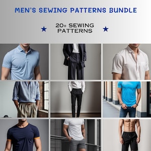 May include: A collage of nine images showcasing different men's clothing patterns. The images feature a variety of styles, including shirts, pants, and shorts. The text "20+ SEWING PATTERNS" is displayed in the center of the collage.