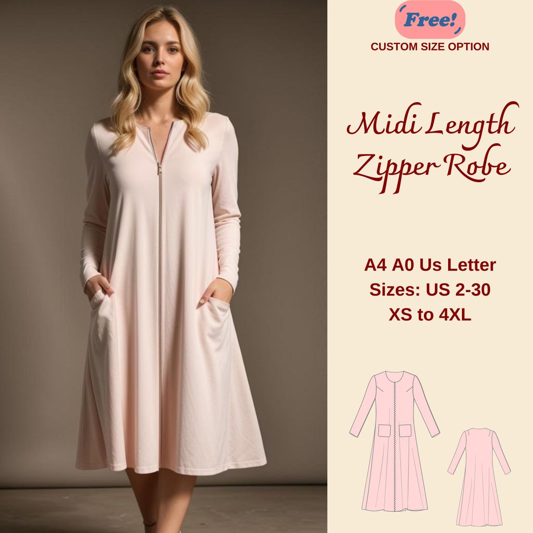 Midi Zipper Robe Sewing Pattern: Relaxed Dress, Nightgown (PDF Pattern ...