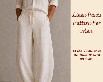 Patrón de costura para pantalones de hombre de pierna ancha, pantalones de lino para verano, tallas 35-56, XS-4XL