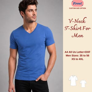 May include: A blue V-neck t-shirt. The image includes the text "V-Neck T-Shirt For Men" and "Free! Custom Size Option". The shirt is available in sizes XS to 4XL and men's sizes 89 to 142 cm.