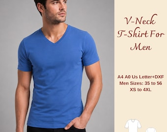 Men's V- Neck T-Shirt Sewing Pattern, Slim Fit T-shirt For Men, XS-4XL, Sizes 35-56