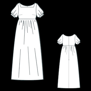 K&ouml;nnte beinhalten: Strichzeichnung eines langen wei&szlig;en Kleides mit quadratischem Ausschnitt und kurzen, gepufften &Auml;rmeln. Das Kleid hat ein eng anliegendes Oberteil und einen flie&szlig;enden Rock. Eine kleinere Version des Kleides ist ebenfalls abgebildet.