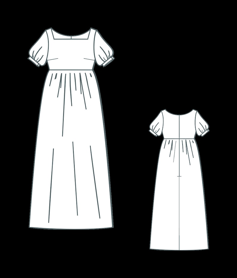 K&ouml;nnte beinhalten: Strichzeichnung eines langen wei&szlig;en Kleides mit quadratischem Ausschnitt und kurzen, gepufften &Auml;rmeln. Das Kleid hat ein eng anliegendes Oberteil und einen flie&szlig;enden Rock. Eine kleinere Version des Kleides ist ebenfalls abgebildet.