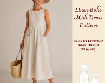 Boho Linen Midi Summer Dress Sewing Pattern, Boat Neck Gathered Sundress, Linen Cottagecore, XS-4XL