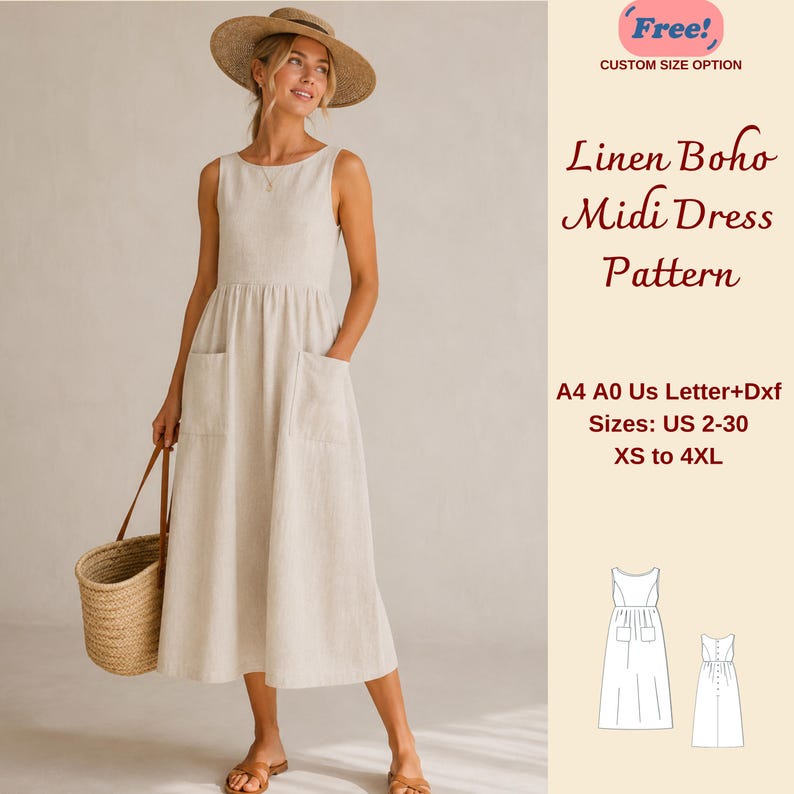 Boho Linen Midi Summer Dress Sewing Pattern, Boat Neck Gathered Sundress, Linen Cottagecore, XS-4XL